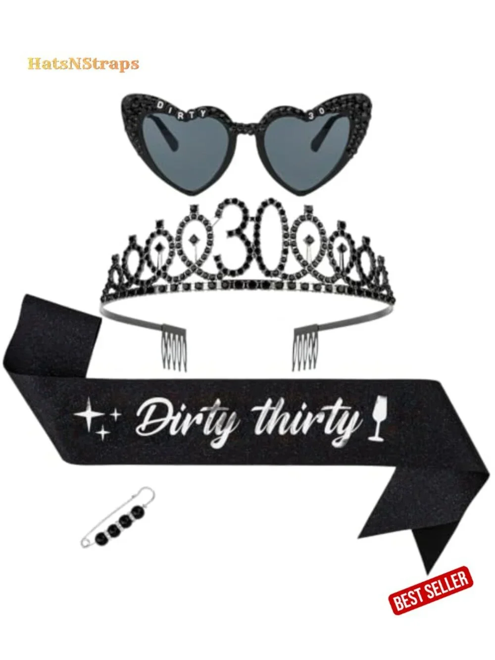 3-Piece 30th Birthday Set with Rhinestone Tiara, Sunglasses & Glitter Sash